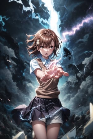 1girl, mikoto_misaka, short hair, brown hair, brown eyes, school_uniform, skirt, electricity, electric_charge, lightning_bolt, standing, side_view, arms extended, charging energy, fierce expression, sparks flying, electricity arcing between her hands, huge lightning bolt forming, glowing blue aura around her body, debris floating due to energy, wind blowing her hair and clothes, GFX elements: neon electric currents, glowing sparks, electric streaks in the air, shockwaves, dynamic lighting with high contrast, glowing effects around her body, shattered ground from the impact of power, floating particles, motion blur on the lightning arcs, energy distortions, sharp highlights on electricity, dark stormy clouds,aamikoto, white shirt, sweater vest, short sleeves, grey skirt, shorts under skirt, hair flower