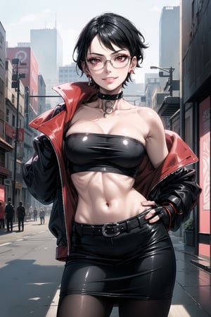 ((best quality)),  ((highly detailed)),  masterpiece,  ((official art)),  detailed face,  beautiful face,  (detailed eyes,  deep eyes),(science fiction, cyberpunk, street,dark background),((smirk, grin, naughty face, seductive smile, smug, arm behind head, hand_on_own_hip, head_tilt)),, ,cowboy shot,(lips), ,sarada, (mangekyou sharingan:1.2), jewelry, earrings , choker, glasses, swept bangs,  (red eyes),  cross-laced clothes, (spiked bracelet), necklace, corset, bustier, hoop earring, curvaceous, voluptuous body, navel, (makeup:1.3) (lips:1.3), (latex), (black top), (black tube top:1.2), gloves, fingerless gloves, jacket, skirt, black choker, black leather jacket, (dark jacket), belt, pencil skirt, pantyhose, open jacket, miniskirt, (black skirt), black gloves, black legwear, black choker, medium breast, conspicuous elegance, snobby, upper class elitist, possesses an arroaant charm. her Dresence commands attention and enw, (intricately detailed, hyperdetailed), blurry background, depth of field, best quality, masterpiece, intricate details, tonemapping, sharp focus, hyper detailed, trending on Artstation, 1 girl, solo, high res, official art,