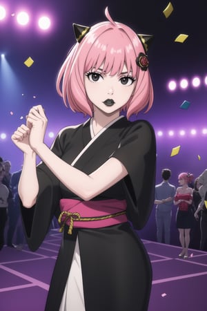 (best quality), (highly detailed), masterpiece, (official art),  ,anya forger:1.3,ahoge, hair ornament,( anya, hair ornament, pink hair, short hair), lips:1.2, black lips:1.4, makeup:1.2, lipstick:1.2,  makeup, black eyes:1.2,black kimono,obi, dance,hand fan,white confetti,, looking at viewer, (/nightclub scene, neon lights)), , club, (nigth club), ,hd quality, perfect face ,realistic, realistic body , perfect face sync,night club,StandingAtAttention,marinette,night club,b1mb0, dancing:1.2,