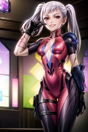 ((best quality)), ((highly detailed)), masterpiece, ((official art)), noelle_silva, twintails, silver hair, bangs, (red eyes), cyberpunk ,(evil smile:1.2), (widowsuit:1.2),(arms at sides), medium breasts, tattoo, (arm tattoo:1.2) ,pose, best quality, masterpiece, intricate details, scenary, indoors, laboratory, purple ligth, holographic interface ,(windows:1.2), trending on Artstation, thigh gap,  black gloves,noelle_silva
