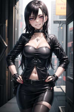 ((best quality)),  ((highly detailed)),  masterpiece,  ((official art)),  detailed face,  beautiful face,  (detailed eyes,  deep eyes),((extended_arm, presenting_gift, shopping_bag, gift_giving, front_view, gesture)),(science fiction, cyberpunk, room, dark background),((smirk, grin, naughty face, seductive smile, smug, arm behind head, hand_on_own_hip, head_tilt)),, ,cowboy shot,(lips), ,kirito_ggo, long hair, hair_between_eyes, black hair,  (red eyes),  cross-laced clothes, (spiked bracelet), necklace, corset, bustier, hoop earring, curvaceous, voluptuous body, navel, (makeup:1.3) (lips:1.3), (latex), (black top), (black tube top:1.2), gloves, fingerless gloves, jacket, skirt, black choker, black leather jacket, (dark jacket), belt, pencil skirt, pantyhose, open jacket, miniskirt, (black skirt), black gloves, black legwear, black choker, medium breast, conspicuous elegance, snobby, upper class elitist, possesses an arroaant charm. her Dresence commands attention and enw, (intricately detailed, hyperdetailed), blurry background, depth of field, best quality, masterpiece, intricate details, tonemapping, sharp focus, hyper detailed, trending on Artstation, 1 girl, solo, high res, official art