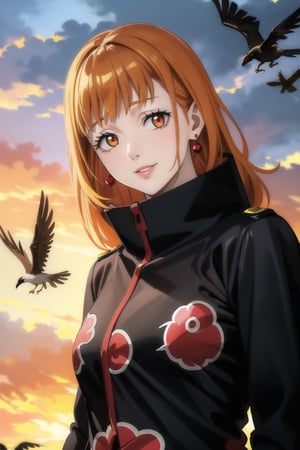 anime, hdr, soft light, ((best quality)), ((masterpiece)), (detailed), mimosa vermillion, red eyes, Sharingan, red earrings, red hair, orange hair, lips, makeup, head tilt, smile, (lips), (akatsuki outfit:1.1),high neck, high_collar, black dress, long sleeves, looking at viewer, upper body, dutch angle, village, (((crows))),sunset, rain, water drop, nature, ,akatsuki outfit, bird, crow, eagle, black feathers, bird on shoulder, sunset, orange sky, outdoors, upper body,fantasy00d,