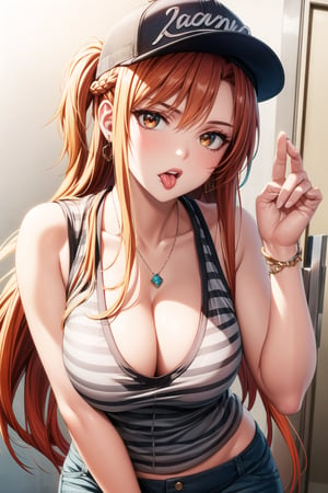 ((best quality)), ((highly detailed)), masterpiece, ((official art)), detailed face, beautiful face, (detailed eyes, deep eyes), seductive posing, (cowboy shot),asuna yuuki, long hair, brown eyes, orange hair, red hair, purple lips:1.2, 1girl, blonde hair, multicolored hair, bangs, one side up, long hair,   jewelry, earrings, medium breasts, plaid, white headwear, sunglasses, tank top, baseball cap, black tank top, looking over eyewear, open plaid shirt , hat, cleavage, jewelry, collarbone, upper body, tongue, tongue out, necklace