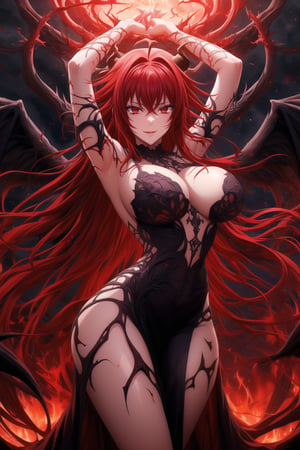 (best quality), (highly detailed), masterpiece, (official art), Rias Gremory as a malevole demon , lips evil smile, with long flowing red hair and a delicate ahoge, darkness black wings spread wide behind her. She is wearing a intricatr, elegant black gown that flows gracefully around her, softly billowing as she floats in the hell. Rias stands with her arms,as if welcoming you with a violento and demonic presence, her red eyes. Rays of dark light shine down from the heavens, illuminating her figure, while she hovers among soft, glowing fire. The hell with red rays breaking through, creating atmosphere. Her wings emit a darkness, ethereal light, adding to her demonic presence.,demonictech,bio,organic,veins,DonMD3m0nV31ns