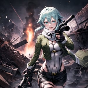 Highly detailed anime illustration of Sinon in the midst of a desolate battlefield, her blue hair whipping in the wind as she fires her sniper rifle with deadly precision. Her sharp aqua eyes, partially obscured by strands of hair, gleam with a twisted joy, and a sadistic smile spreads across her face, reflecting her dark pleasure in the chaos of combat.

sinon1 is dressed in her signature combat outfit: a green cropped jacket open at the front, revealing a white scarf that flutters as she moves. Her black shorts and fingerless gloves are practical for the fight, while her sniper rifle is held firmly, aimed with unwavering focus. The rifle's muzzle flashes brightly, illuminating the battlefield in sharp, cold light.

The surrounding environment is bleak and war-torn, with crumbling structures and a cloudy, dark sky overhead, adding to the tension and intensity of the scene. The ground is littered with debris, evidence of the ongoing conflict. Shadows and light play across her form, emphasizing her role as a hunter in this grim setting.

Despite the devastation around her, Sinon’s sadistic smile and the gleam in her eyes make it clear she relishes the battle, her laughter echoing amidst the destruction. Every shot she takes is precise, her enjoyment of the fight apparent in every detail of her expression and posture.

Key Details:

The sniper rifle is depicted in high detail, with visible muzzle flash and recoil captured mid-shot.
Sinon's expression is the focal point, her sadistic smile and bright, crazed eyes adding a layer of psychological depth.
The battlefield is grim, with dark, moody lighting that contrasts with the bright flashes of gunfire.
Her pose is dynamic, with the rifle held steady as she fires, her body language exuding confidence and delight in the violence.
The overall atmosphere is dark and intense, highlighting Sinon's enjoyment of the chaos and her role as a formidable sniper in the heat of battle.