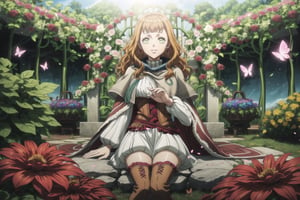 1girl, mimosa_vermillion, orange hair, long wavy hair, green eyes, red earrings, turtleneck sweater, corset, capelet, red cape, thighhighs, thigh boots, sitting on a stone, surrounded by blooming flowers, clear sky, plants growing under her touch, large colorful leaves and vines forming a throne, midday sun, bright natural lighting, smiling softly, magic energy radiating from her hands, petals floating in the air around her, butterflies gathering near her, peaceful nature atmosphere, GFX effects: vibrant floral aura, glowing petals, magic vines glowing softly, lens flare from the sun, energetic magical swirls, gentle wind stirring the flowers, bright and serene, powerful contrast between magic and nature
