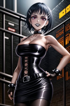 ((best quality)),  ((highly detailed)),  masterpiece,(Black lips:1.4),  ((official art)),  detailed face,  beautiful face, narrow_waist:1.3 , (intricate Black dress:1.4),(detailed eyes,  deep eyes),(science fiction, cyberpunk:1.3, street, shopping, dark background),((smirk, grin, naughty face, seductive smile, smug, arm behind head, hand_on_own_hip, head_tilt)),, ,cowboy shot,(lips), ,kirigaya suguha, blunt bangs, short bangs, black hair:1.3, short hair, hair ornament, hairclip,(red eyes),  cross-laced clothes, (spiked bracelet), corset:1.4,chinese dress:1.2, hoop earring, curvaceous, voluptuous body, (makeup:1.3) (lips:1.3), (latex),  (black tube top:1.2), gloves, fingerless gloves, skirt, black choker, belt, pencil skirt, pantyhose, miniskirt, (black skirt), black gloves, black legwear, black choker, Black nails,large breasts, conspicuous elegance, snobby, upper class elitist, possesses an arroaant charm. her Dresence commands attention and enw, (intricately detailed, hyperdetailed), blurry background, depth of field, best quality, masterpiece, intricate details, tonemapping, sharp focus, hyper detailed, trending on Artstation, 1 girl, solo, high res, official art,RockOfSuccubus,<lora:659111690174031528:1.0>