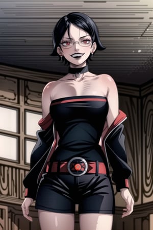 (best quality), (highly detailed), masterpiece,  (Black lips:1.4), ((smirk, grin, naughty face, seductive smile, smug)), (makeup:1.5), (lips:1.3), sarada, (mangekyou sharingan:1.2),  jewelry, earrings , choker, glasses, collarbone, bare shoulders, jacket ,  open jacket, strapless, black shorts, red belt, cowboy shot,lips, parted lips, light smile ,looking at viewer, window,  indoors,scenery, intricately detailed, hyperdetailed, blurry background,depth of field, best quality, masterpiece, intricate details, tonemapping, sharp focus, hyper detailed, trending on Artstation,1 girl, high res, official art,,,,<lora:659111690174031528:1.0>
