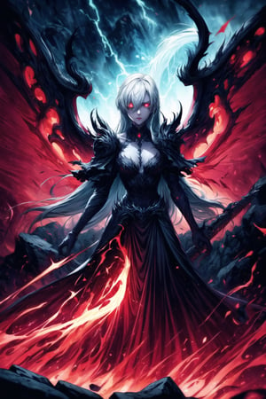 Elizabeth, white hair,hair_over_eye ,lips, ruler of hell, black wings,darkness wings,wings,demon wings,stands as a malevolent dictator, her long hair flowing like darkness itself, gradient from white to dark, framing her cold gaze. Her elaborate gown, adorned with sinister symbols and glowing red accents, reflects her dominance and cruelty. The background features a hellish landscape: rivers of lava, jagged rocks, tormented souls, and dark clouds with lightning. Eerie, red and black glows illuminate the scene, capturing the dark and oppressive atmosphere of her dominion.,shadow