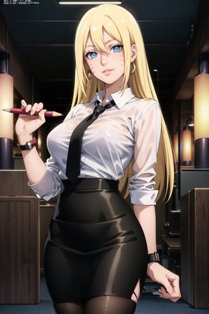((best quality)), ((highly detailed)), masterpiece, ((official art)),(boruko,facial mark:1.2),(office),( blue eyes, glowing blue eyes),(floating hair),(high-waist skirt:1.2),(black skirt:1.2),(black necktie:1.1),(seductive smile),(closed mouth),(lips:1.2),jewelry, wristwatch, skirt, solo, (cowboy shot:1.2),standing, pencil skirt,  belt, (earrings:1.1), collared shirt, (office lady),(white shirt:1.2),(formal:1.1), shirt tucked in, (skirt suit),black pantyhose, dress shirt, intricately detailed, hyperdetailed, blurry background,depth of field, best quality, masterpiece, intricate details, tonemapping, sharp focus, hyper detailed, trending on Artstation,1 girl, high res, official art