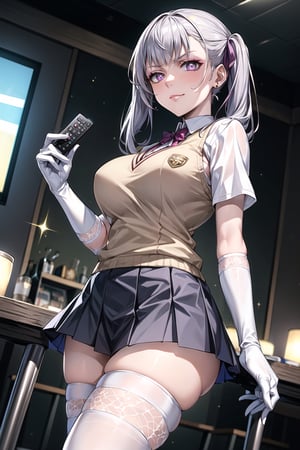 ((best quality)),  ((highly detailed)),  masterpiece,1girl, noelle_silva, silver hair,purple eyes, twintails, bangs, earrings, jewelry, ((remote_control, aiming_at_viewer, closed_mouth, sparkling_eyes, smug, shaded_face)),(large breasts), tokiwadai school uniform, sweater vest, short sleeves, ((white gloves, elbow gloves)), pleated skirt, white thighhighs ,1girl, lips:1.2, makeup:1.2, ((gyaru)) , looking at viewer, standing, cowboy shot, school, 