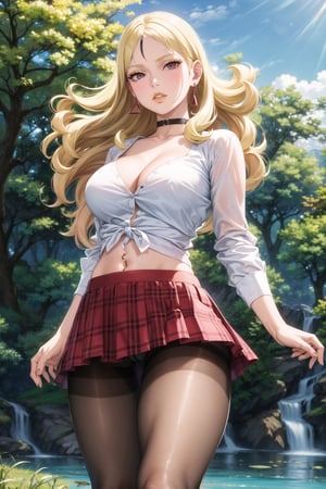 masterpiece,best quality,highres,ultra-detailed, Delta, blonde hair, earrings,, white shirt, skirt, large breasts, navel, cleavage, pantyhose,  choker, midriff, miniskirt, lips, plaid, red plaid skirt, piercing, fishnets,  fishnet pantyhose, white tied shirt:1.2, navel piercing, , standing, StandingAtAttention