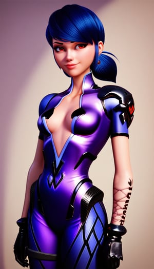 score_9, score_8_up, score_7_up,marinetteBug, blue hair, standing, lips ,standing, revealing chest,  black gloves,  advanced combat suit,  futuristic sniper,metallic purple suit, torso exposed,, black gloves, high-tech bodysuit,widowsuit, tattoo, arm tattoo, evil smile, red eyes, earrings