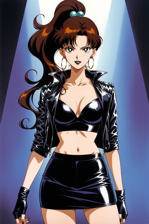 (masterpiece, best quality, very aesthetic, ultra detailed), lips, black lips:1.2, evil smile, evil, villain, corrupted, dark persona,intricate details, 4k, aajupiter, long hair, brown hair, ponytail, hair bobbles,, black gloves, black jacket:1.2, black skirt:1.2, breasts, cleavage, closed mouth, collarbone, cowboy shot, ((black crop top)), hoop earrings, fingerless gloves, gloves, highres, black leather jacket, jewelry, , medium breasts, midriff, miniskirt, navel, pencil skirt, skirt, solo, standing, stomach, striped, striped bow, thigh strap,((retro anime style, detailed retro anime)),  