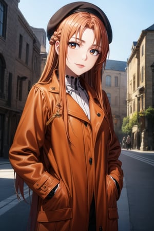 ((best quality)), ((highly detailed)), masterpiece, ((official art)), detailed face, beautiful face, (detailed eyes, deep eyes), seductive posing, (cowboy shot),asuna yuuki, long hair, brown eyes, orange hair, red hair,  smile, black coat black hat beret hands in pocket