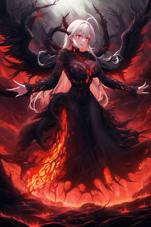 A masterpiece of dark fantasy: elizabeth, malevolent demon, lips curled into an evil smile, long flowing white hair cascading down her back like a fiery waterfall. Her delicate ahoge and intricate black gown billow softly as she floats amidst hell's fiery depths. Black wings spread wide behind her, emitting a darkness-infused light that adds to her ominous presence. Red eyes gleam with malevolent intent as she stands poised, arms outstretched in a violent welcome. Softly glowing fire illuminates her figure, while rays of dark light pierce the heavens above, casting an eerie glow on Rias' demonic form. The hellish landscape before her is bathed in red hues, as if infernal flames are breaking through to create this haunting atmosphere.