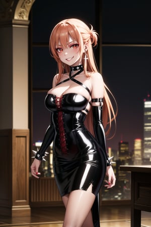 masterpiece,best quality,highres,ultra-detailed, asuna yuuki, long hair,  orange hair, red hair, red eyes,(dark makeup:1.5) (lips:1.1), (cross-laced clothes:1.3), narrow_waist:1.3, dominatrix:1.4 , (intricate short Black dress:1.4), (walking,arms at sides:1.3), ,((smirk, grin, naughty face, seductive smile, smug)), (spiked bracelet), corset:1.4, (black hoop earring:1.3), curvaceous, voluptuous body, (latex:1.5), (black tube top:1.2), black choker, pencil skirt,  miniskirt, (black skirt),  black nails,large breasts:1.3,, (royal room:1.2),standing, StandingAtAttention,b1mb0,night club,lemon0021,,,RockOfSuccubus,asuna yuuki