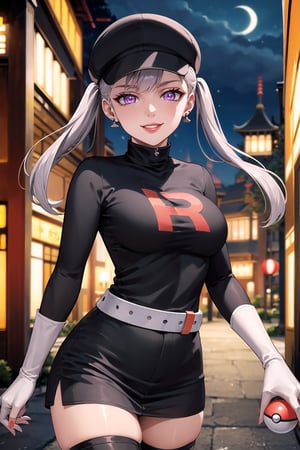 (best quality), (highly detailed), masterpiece, (official art), noelle_silva, silver hair,purple eyes, twintails, bangs, earrings, jewelry, poke ball, poke ball (basic), holding poke ball, black headwear, cabbie hat, hat, posing, lips, ( evil smile), ,Grunt Team Rocket, dress, black dress, long sleeves, gloves, elbow gloves, belt, grey belt, skirt, thighhighs, looking at viewer, china, asiática, city, night, sky, (intricately detailed, hyperdetailed), blurry background,depth of field, best quality, masterpiece, intricate details, tonemapping, sharp focus, hyper detailed, trending on Artstation,1 girl, high res, official art