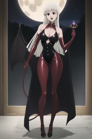 (best quality), (highly detailed), masterpiece, (official art), (Elizabeth, black hair, blunt bangs, long hair):1.2, facial mark, black lips:1.4, makeup:1.2, black eyes:1.2, black latex ceremonial dress adorned with dark jewels, latex elbow-length gloves, obsidian crown with sharp spikes, standing on a balcony overlooking her demon kingdom, moonlight reflecting off her latex attire, her gaze distant yet calculating, solo female, large breasts, full-body shot, looking at viewer, perfect face, realistic body, high-definition quality, elegant and ominous, dark queen of demons, b1mb0,