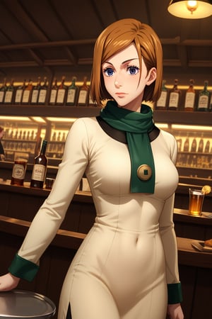 score_9, score_8_up, score_7_up, intricate details,1girl,  closed mouth, lips joo dee, dress, scarf, hair ornament, holding tray:1.2, tray, alcohol, dutch angle, bar, cowboy shot:1.2, bar, table, customers, kugisaki nobara, brown hair,