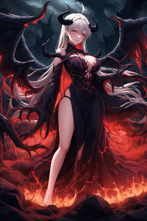 A masterpiece of dark fantasy: elizabeth, malevolent demon, lips curled into an evil smile, long flowing white hair cascading down her back like a fiery waterfall. Her delicate ahoge and intricate black gown billow softly as she floats amidst hell's fiery depths. Black wings spread wide behind her, emitting a darkness-infused light that adds to her ominous presence. Red eyes gleam with malevolent intent as she stands poised, arms outstretched in a violent welcome. Softly glowing fire illuminates her figure, while rays of dark light pierce the heavens above, casting an eerie glow on Rias' demonic form. The hellish landscape before her is bathed in red hues, as if infernal flames are breaking through to create this haunting atmosphere.