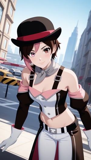 score_9, score_8_up, score_7_up, intricate details, ruby rose, short hair,  brown hair, brown eyes, pink hair, multicolored hair, pink eyes, two-tone hair, heterochromia, split-color hair,, evil smile,,gloves, hat, navel, brown eyes, detached sleeves, midriff, belt, pants, white gloves, black headwear, bowler hat,, cityscape, street, bent over, smile, looking at viewer, solo, cowboy shot, dutch angle