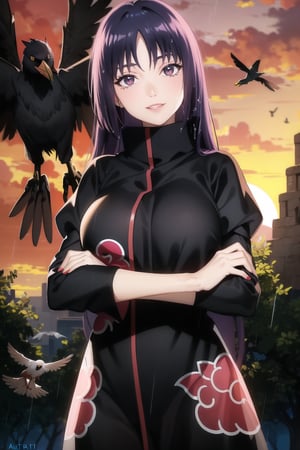 anime, hdr, soft light, ((best quality)), ((masterpiece)), (detailed),  sumire kakei, long hair, purple hair, puple eyes, makeup, head tilt, smile, (lips), (akatsuki outfit:1.1), (puffy_sleeves:1.2), ((juliet_sleeves)),large breast, high neck, high_collar, black dress, long sleeves, looking at viewer, village, (((crows))),sunset, rain, water drop, cloud, nature, ,akatsuki outfit, bird, crow, eagle, black feathers, sunset, orange sky, outdoors, fantasy00d,