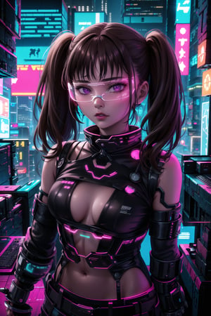 masterpiece,best quality,highres,ultra-detailed,diane, ((twintails)), purple eyes, brown hair, bangs,  ((hacker)), ,fishnets ,computer, monitor, wive, cable,(( cyberpunk)), indoors, neon nigth, ((Cyborg)), ((star wars)), chip, cyberpunk, collar, confident and curious gaze, futuristic cyberpunk hacker attire, high-tech bodysuit with glowing circuitry patterns, fingerless gloves and augmented reality glasses, underground hacker den, surrounded by screens displaying code and data, typing rapidly on a holographic keyboard, exuding intelligence and tech-savviness, cyberpunk and gritty atmosphere, dark color palette with neon highlights,((cyberpunk glasses)), 