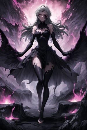 monochrome,greyscale,(tattoo,facial mark,aura,glowing,bodypaint,smoke,dark aura:1.2),1girl,long hair,medium breasts,black hair,angry,purple eyes,wings,claws,looking at viewer,nude,censored,armor,convenient censoring,Elizabeth, black hair, lips, ruler of hell, stands as a malevolent dictator, her long hair flowing like darkness itself, gradient from white to dark, framing her cold gaze. Her elaborate gown, adorned with sinister symbols and glowing red accents, reflects her dominance and cruelty. The background features a hellish landscape: rivers of lava, jagged rocks, tormented souls, and dark clouds with lightning. Eerie, red and black glows illuminate the scene, capturing the dark and oppressive atmosphere of her dominion.