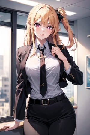 (best quality), (highly detailed), masterpiece, (official art),  hoshino_ruby, long hair, ((one side up)), lips, smile, top jacket:1.3,black pants, belt,,necktie,  black jacket,(black suit), long sleeves, shirt tucked in,looking at viewer, shirt, black necktie, white shirt, medium breasts,window, formal, office lady,pants, business suit, suit,  (intricately detailed, hyperdetailed), blurry background,depth of field, best quality, masterpiece, intricate details, tonemapping, sharp focus, hyper detailed, trending on Artstation,1 girl, solo,high res,official art,hoshino_ruby