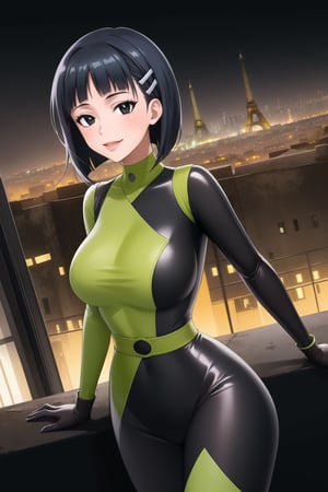 ((best quality)),  masterpiece, dynamic angle, (microchip), suguha, Bob cut, short hair, black hair, hair clip, black eyes, cyberpunk, paris, ruin,night ,(shegosuit) , smile, lips, scenery,  blurry background, 1 girl,  high res,  official art,empty eyes,b1mb0