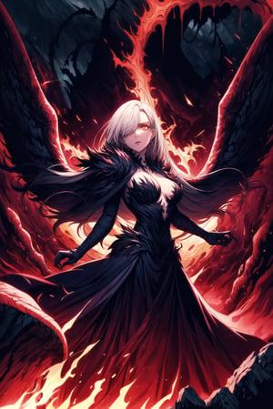 Elizabeth, white hair,hair_over_eye ,lips, ruler of hell, black wings,darkness wings,wings,demon wings,stands as a malevolent dictator, her long hair flowing like darkness itself, gradient from white to dark, framing her cold gaze. Her elaborate gown, adorned with sinister symbols and glowing red accents, reflects her dominance and cruelty. The background features a hellish landscape: rivers of lava, jagged rocks, tormented souls, and dark clouds with lightning. Eerie, red and black glows illuminate the scene, capturing the dark and oppressive atmosphere of her dominion.,shadow