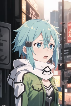 (best quality), (highly detailed), masterpiece, (official art), ((sinon1, cyberpunk, hair ornament, hairclip)), 1girl, upper body, bangs, blue eyes, blue hair, blurry, blurry background, fingerless gloves, green jacket, hair between eyes, hair ornament, hairclip, highres, jacket, long sleeves, outdoors, scarf, short hair, short hair with long locks, sidelocks, signature, sinon, solo, darkness, sword art online, turning head, ((open eyes, shocked expression, surprised:1.2)), open mouth,surprised look,surprised girl,