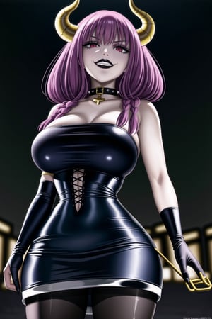 ((best quality)),  ((highly detailed)),  masterpiece,(Black lips:1.4), (white skin:1.4), ((official art)),  detailed face,  beautiful face, (cross-laced clothes:1.3), narrow_waist:1.3, dominatrix:1.4 , (intricate Black dress:1.4), (detailed eyes,  deep eyes),(science fiction, cyberpunk:1.3, street, shopping, dark background),((smirk, grin, naughty face, seductive smile, smug)) ,cowboy shot,(lips), (aura the guillotine, long hair, purple hair, braid, horns, twin braids), (red eyes:1.3),   (spiked bracelet), corset:1.4,chinese dress:1.2, (intricate black earring:1.3), curvaceous, voluptuous body, (makeup:1.5) (lips:1.3), (latex),  (black tube top:1.2), gloves, fingerless gloves, skirt, black choker, belt, pencil skirt, pantyhose, miniskirt, (black skirt), black gloves, black legwear, black choker, Black nails,large breasts:1.2, conspicuous elegance, snobby, upper class elitist, possesses an arroaant charm. her Dresence commands attention and enw, (intricately detailed, hyperdetailed), blurry background, depth of field, best quality, masterpiece, intricate details, tonemapping, sharp focus, hyper detailed, trending on Artstation, 1 girl, solo, high res, official art,RockOfSuccubus,<lora:659111690174031528:1.0>