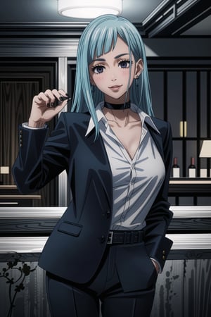 ((best quality)),  ((highly detailed)),  masterpiece,1girl, 1girl, (lips:1.2), seductive smile, smirk, naughty_face,nail polish, solo,   black pants,  formal,  black jacket,  open jacket,  (white shirt),  belt, ,  black jacket, (black suit),  long sleeves,  shirt tucked in,, (black choker), blush, earrings, black nails, looking at viewer, standing, cowboy shot, fingernails,  bar,outdoor,lamp,nigth,space, alcohol, sexy pose:1.2, purple nails, wristband , Miwa,<lora:659111690174031528:1.0>