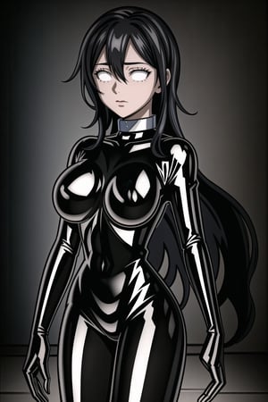 (best quality), (highly detailed), masterpiece, (official art), makeup, 1girl, solo,kirito,long hair,black hair,hair between eyes, very long hair,closed mouth,(graybot:1.2), black bodysuit, (shiny body:1.2), (shiny clothes),latex bodysuit, large breast, looking at viewer,  ,graybot,(whiteeyes),((black background, simple background)),StandingAtAttention,,,,<lora:659111690174031528:1.0>