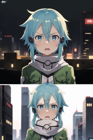 (best quality), (highly detailed), masterpiece, (official art), ((sinon1, cyberpunk, hair ornament, hairclip)), 1girl, upper body, bangs, blue eyes, blue hair, blurry, blurry background, fingerless gloves, green jacket, hair between eyes, hair ornament, hairclip, highres, jacket, long sleeves, outdoors, scarf, short hair, short hair with long locks, sidelocks, signature, sinon, solo, darkness, sword art online, turning head, ((open eyes, shocked expression,fear, horror, surprised:1.2)), open mouth,surprised look,surprised girl,