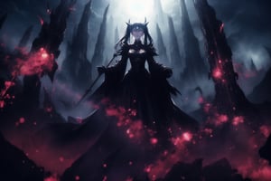 A haunting portrait of Diane, ruler of hell: standing tall, her twintails black hair tied with hair scrunchies cascades down her back as she dons an elaborate gown adorned with sinister symbols and glowing red accents. Her cold gaze is framed by a crescent face mark and crystal black earrings. A massive spiked mace in one hand reinforces her dominance over the kingdom. Black demonic armor covers her body, reflecting the ominous red light of her infernal realm. A ruler of darkness, complete with black demon horns, stands against a hellish backdrop: rivers of lava flow through jagged rocks, tormented souls writhing along cliffs, and dark clouds pierced by bolts of demonic lightning. Her large black wings spread wide, casting long shadows over the oppressive scene. Red and black glowing effects, eerie light rays, and sparks of energy create a surreal and chaotic atmosphere, as digital distortion effects, glitchy bursts of light, and electrical discharges add a modern intensity to this dark and foreboding landscape.,GFX