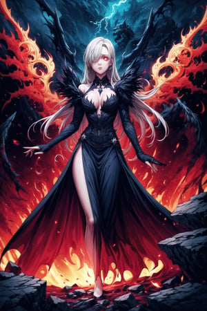 Elizabeth, white hair,hair_over_eye ,lips, ruler of hell, black wings,darkness wings,wings,demon wings,stands as a malevolent dictator, her long hair flowing like darkness itself, gradient from white to dark, framing her cold gaze. Her elaborate gown, adorned with sinister symbols and glowing red accents, reflects her dominance and cruelty. The background features a hellish landscape: rivers of lava, jagged rocks, tormented souls, and dark clouds with lightning. Eerie, red and black glows illuminate the scene, capturing the dark and oppressive atmosphere of her dominion.,shadow