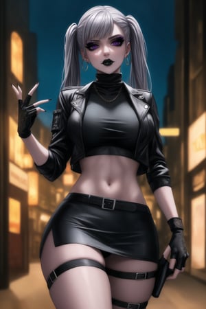 ((best quality)), ((highly detailed)), masterpiece, ((official art)), detailed face, beautiful face, (detailed eyes, deep eyes), seductive posing, (cowboy shot),noelle_silva,silver hair,twintails,bangs,purple eyes,  (sexy:1.3),   (makeup, black lips:1.3),( pale white skin, very white skin, goth, long eyelashes), medium to big breasts, black gloves, black jacket:1.2, black skirt:1.2, black belt ,closed mouth, cowboy shot, ((turtleneck, black crop top)), hoop earrings, fingerless gloves, gloves, highres, black leather jacket, jewelry, , midriff, miniskirt, navel, pencil skirt, skirt, solo, standing, stomach, striped, striped bow, thigh strap, city street, nighttime, intricately detailed, hyperdetailed, blurry background, depth of field, best quality, masterpiece, intricate details, tonemapping, sharp focus, hyper detailed, trending on Artstation, 1 girl, high res, official art