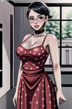 (best quality), (highly detailed), masterpiece, (official art),(sarada, black eyes, jewelry, earrings , choker, glasses, swept bangs),(Stepford),lips, makeup, lipstick,red lips,smile, (pose),(polka dot:1.4), (polka dot dress:1.4),(pearl necklace:1.2), pearl bracelet, bare shoulders,(red dress:1.2),(aroused), nose blush ,standing, big breasts, (large pearl necklace), (hoop earrings:1.2), looking at viewer, window, indoors, scenery, intricately detailed, hyperdetailed, blurry background, depth of field, best quality, masterpiece, intricate details, tonemapping, sharp focus, hyper detailed, trending on Artstation, 1 girl, high res, official art,,<lora:659111690174031528:1.0>