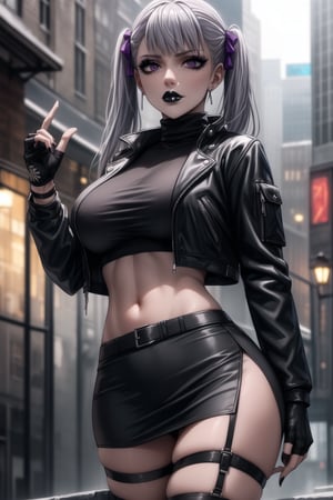 ((best quality)), ((highly detailed)), masterpiece, ((official art)), detailed face, beautiful face, (detailed eyes, deep eyes), seductive posing, (cowboy shot),noelle_silva,silver hair,twintails,bangs,purple eyes,  (sexy:1.3),   (makeup, black lips:1.3),( pale white skin, very white skin, goth, long eyelashes), medium to big breasts, black gloves, black jacket:1.2, black skirt:1.2, black belt ,closed mouth, cowboy shot, ((turtleneck, black crop top)), hoop earrings, fingerless gloves, gloves, highres, black leather jacket, jewelry, , midriff, miniskirt, navel, pencil skirt, skirt, solo, standing, stomach, striped, striped bow, thigh strap, city street, nighttime, intricately detailed, hyperdetailed, blurry background, depth of field, best quality, masterpiece, intricate details, tonemapping, sharp focus, hyper detailed, trending on Artstation, 1 girl, high res, official art