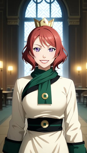 score_9, score_8_up, score_7_up, intricate details,1girl, lovelive_maki, nishikino maki, red hair, short hair, indoors,joo dee, dress, crown, scarf, hair ornament, grin, smile, lips, cowboy shot, smirk, arms at sides, long slevees, holding tray, cowboy shot