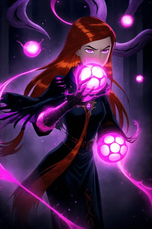 "Dark Sorceress gwentennyson Forbidden Power":
((gwentennyson, long hair, orange hair, red hair)), now twisted by dark magic, stands menacingly in her corrupted form. Gwentennyson, a mysterious figure with long, fiery red hair and piercing black eyes that seem to hypnotize. Her expressionless face is adorned with bold makeup, featuring striking black lips and blush-tipped cheeks. A spiked collar wraps around her neck, adding an air of edginess to the scene. Her once-vibrant violet mage attire has transformed into a shadowy, tattered robe, pulsating with forbidden runes and dark flames. Her eyes glow with an ominous purple hue, and her expression is one of cruel dominance. In one hand, she clutches a cursed, blackened grimoire with glowing violet symbols that pulse with dark energy. Her other hand conjures an ominous ball of dark magic, swirling with shadowy tendrils and streaks of purple lightning.
The background is a dark, shattered void, filled with jagged cracks that leak sinister energy. Magic circles of forbidden glyphs spin around her, their deep purples and blacks contrasting against the darkened backdrop. Glistening, arcane chains twist and writhe in the air, like serpents of shadow, while forbidden runes and sigils shimmer in the darkness. Faint whispers of tortured souls emanate from the chaotic magical storm surrounding her. Streaks of corrupted purple flames and black smoke rise from the ground, engulfing the entire scene in a sense of forbidden power. Sharp, electric effects and glowing dark orbs hover in the air, as Gwendolyn channels the full force of her dark sorcery. The entire image glows with an eerie, shadowy light, casting deep, high-contrast shadows, and creating a menacing, oppressive atmosphere.,