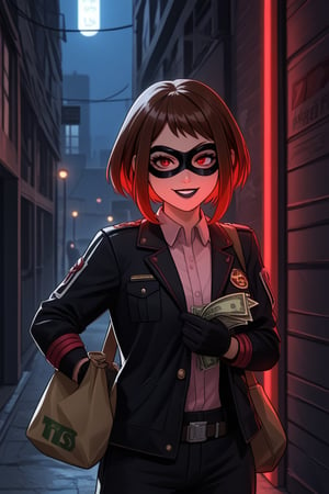 score_9, score_8_up, score_7_up, intricate details,1girl, malicious expression, sadistic grin, villainous attitude,lips, black lips, grin, red eyes, smirk, evil smile,1girl, Ochako Uraraka, black hair with red tips, bank heist, thief outfit, loose black jacket, cargo pants, wearing a domino mask, holding bag of money, holding handgun, gun, handgun, bank robbery, levitating money bags, vault door open, thief outfit, wearing a domino mask, carrying a large money bag, exiting a bank vault, broken safe in the background, dark gloves, quick getaway, alarm lights flashing, dimly lit scene, red emergency lighting, cautious posture, money spilling from bag, night-time heist, dark alley, tense atmosphere,(ncursioDipDyedHair,red IncursioDipDyedHair