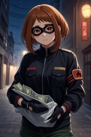 score_9, score_8_up, score_7_up, intricate details,1girl,  Ochako Uraraka, thief outfit, loose black jacket, cargo pants, wearing a domino mask, carrying a large money bag, exiting a bank vault, broken safe in the background, dark gloves, quick getaway, alarm lights flashing, dimly lit scene, red emergency lighting, cautious posture, money spilling from bag, night-time heist, dark alley, tense atmosphere,(ncursioDipDyedHair,red IncursioDipDyedHair