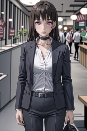 ((best quality)),  ((highly detailed)),  masterpiece,1girl, 1girl, (lips:1.2), seductive smile, smirk, naughty_face,nail polish, solo,   black pants,  formal,  black jacket,  open jacket,  (white shirt),  belt, ,  black jacket, (black suit),  long sleeves,  shirt tucked in,, (black choker), blush, earrings, black nails, looking at viewer, standing, cowboy shot, fingernails,  bar,outdoor,lamp,nigth,space, alcohol, sexy pose:1.2, purple nails, wristband ,Mimiko, (long hair:1.4), bangs, brown hair, pink  eyes, bob cut,,StandingAtAttention,<lora:659111690174031528:1.0>