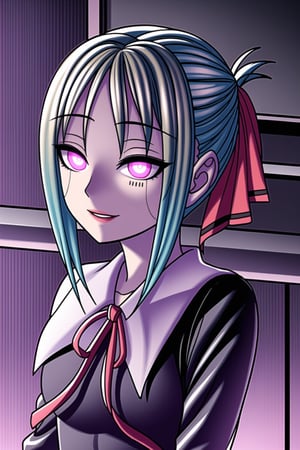 ((best quality)),  ((highly detailed)),  masterpiece,  ((official art)), aakaguya, short hair, folded ponytail, hair ribbon, parted bangs,, lips, (seductive smile,smirk) ,(Remodeling), (multicolored hair:1.3), (two-tone hair:1.3), (pink eyes, blue eyes), (glowing eyes), (android:1.2), (barcode:1.2), (doll joints:1.1), ((neck ribbon, red ribbon, black dress, black shirt, long sleeves, black sleeves)), (cyberpunk:1.2), school, (confident, sexy), chalkboard ,looking at viewer, classroom, girl, indoors,  dramatic reveal, suspenseful, urban environment, mysterious ambiance, dramatic lighting, cinematic scene, self-transformation, supernatural, otherworldly, metamorphosis, mystical, mystical energy, power awakening., intricately detailed, hyperdetailed, blurry background, depth of field, best quality, masterpiece, intricate details, tonemapping, sharp focus, hyper detailed, trending on Artstation, 1 girl, high res, official art,ai hayasaka,aahayasaka,aakaguya,Remodeling,<lora:659111690174031528:1.0>