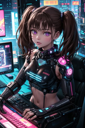 masterpiece,best quality,highres,ultra-detailed,diane, ((twintails)), purple eyes, brown hair, bangs, ((hacker)), ,fishnets ,computer, monitor, wive, cable,(( cyberpunk)), indoors, neon nigth, ((Cyborg)), ((star wars)), chip, cyberpunk, collar, confident and curious gaze, futuristic cyberpunk hacker attire, high-tech bodysuit with glowing circuitry patterns, fingerless gloves underground hacker den, surrounded by screens displaying code and data, typing rapidly on a holographic keyboard, exuding intelligence and tech-savviness, cyberpunk and gritty atmosphere, dark color palette with neon highlights,