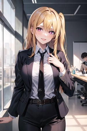 (best quality), (highly detailed), masterpiece, (official art),  hoshino_ruby, long hair, one side up, lips, smile, top jacket:1.3,black pants, belt,,necktie,  black jacket,(black suit), long sleeves, shirt tucked in,looking at viewer, shirt, black necktie, white shirt, medium breasts,window, formal, office lady,pants, business suit, suit,  (intricately detailed, hyperdetailed), blurry background,depth of field, best quality, masterpiece, intricate details, tonemapping, sharp focus, hyper detailed, trending on Artstation,1 girl, solo,high res,official art,hoshino_ruby